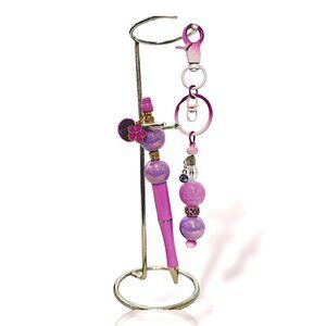 Pink Purple Bubble Bead Pen & Keychain Set, Floral Charm Sparkle, Pom Pom Accent